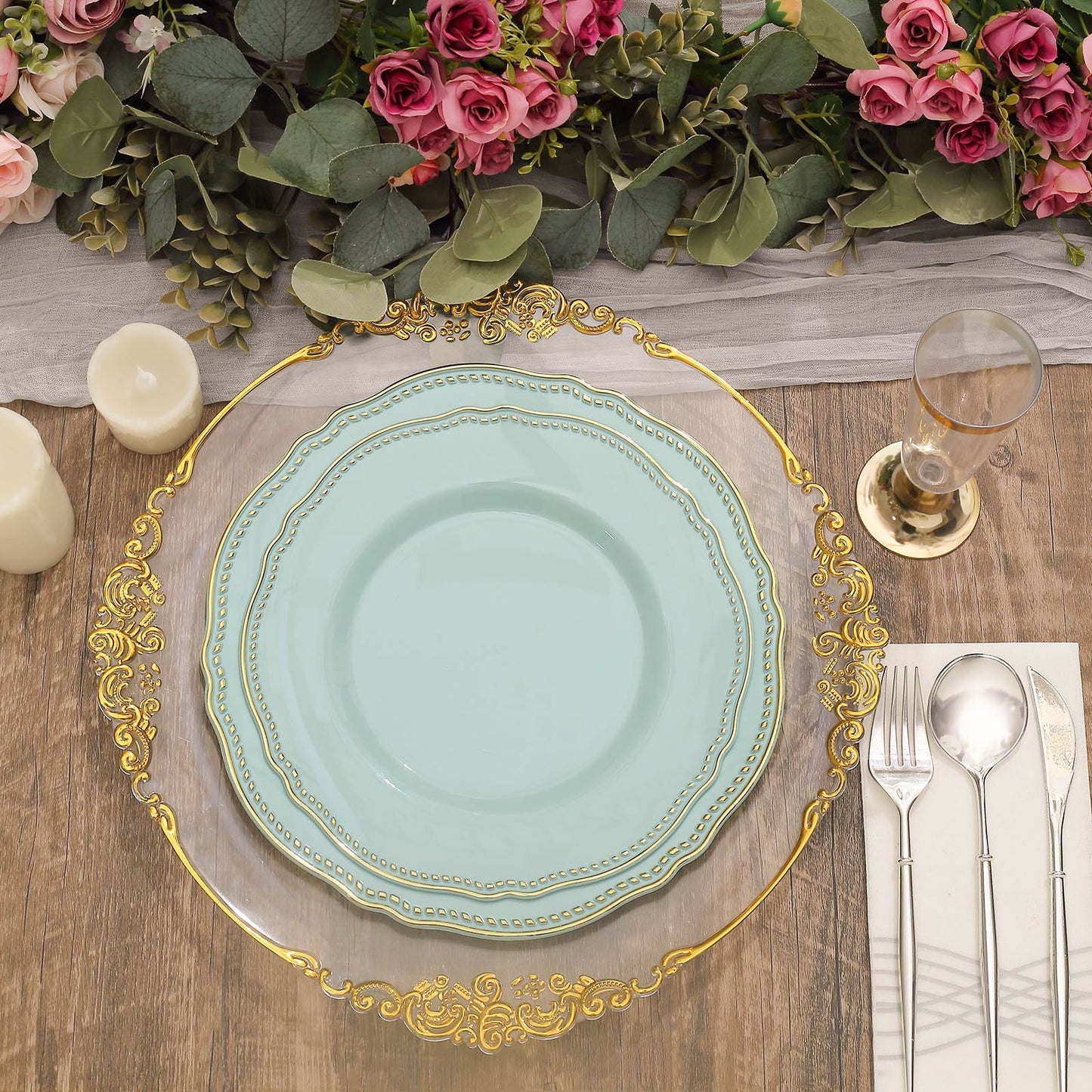 10" jade scalloped rim plastic dinner plates with gold accents, perfect for parties.