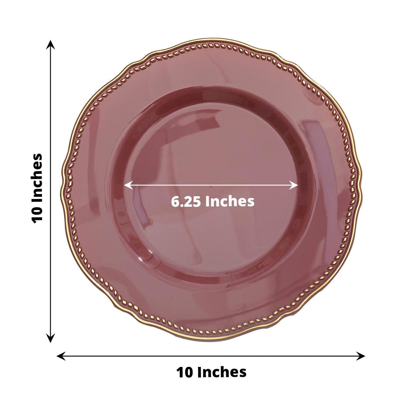 10-inch decorative plate with gold trim and 6.25-inch center diameter.