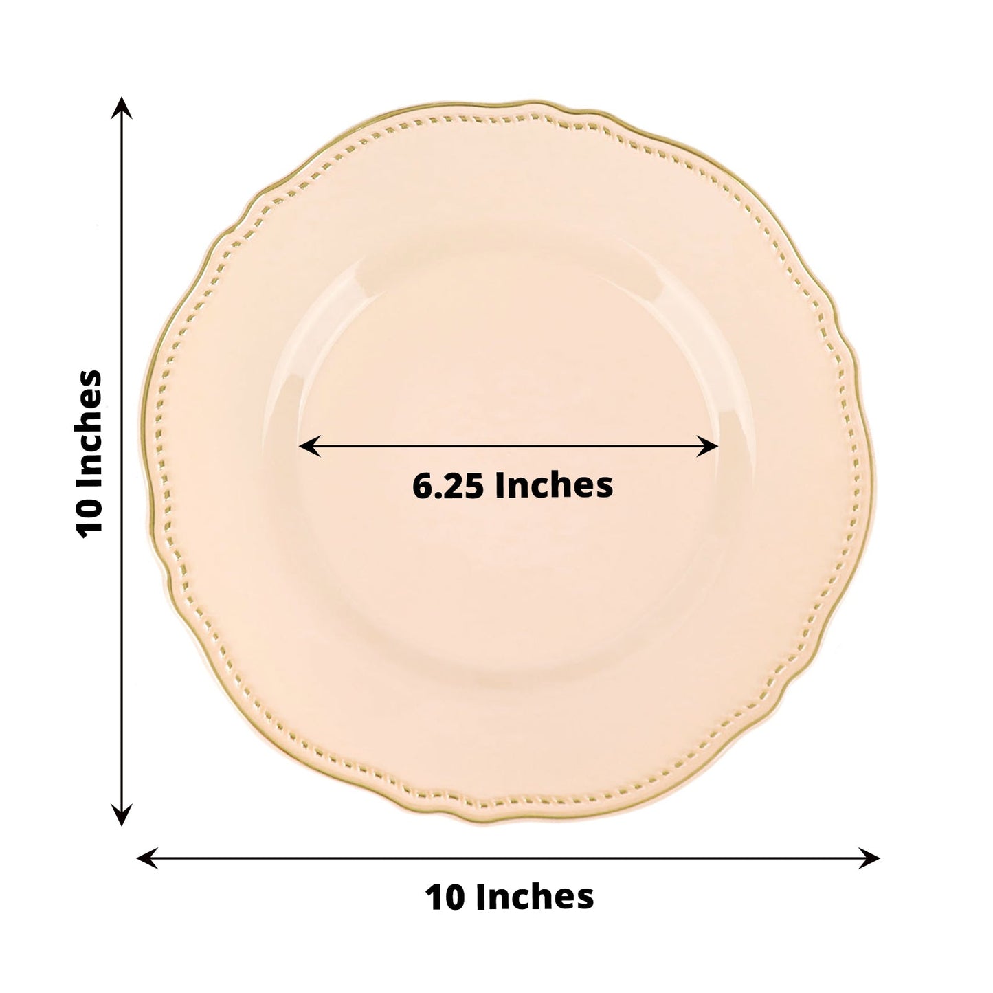 Beige decorative plate, 10 inches with 6.25-inch inner diameter, elegant design.