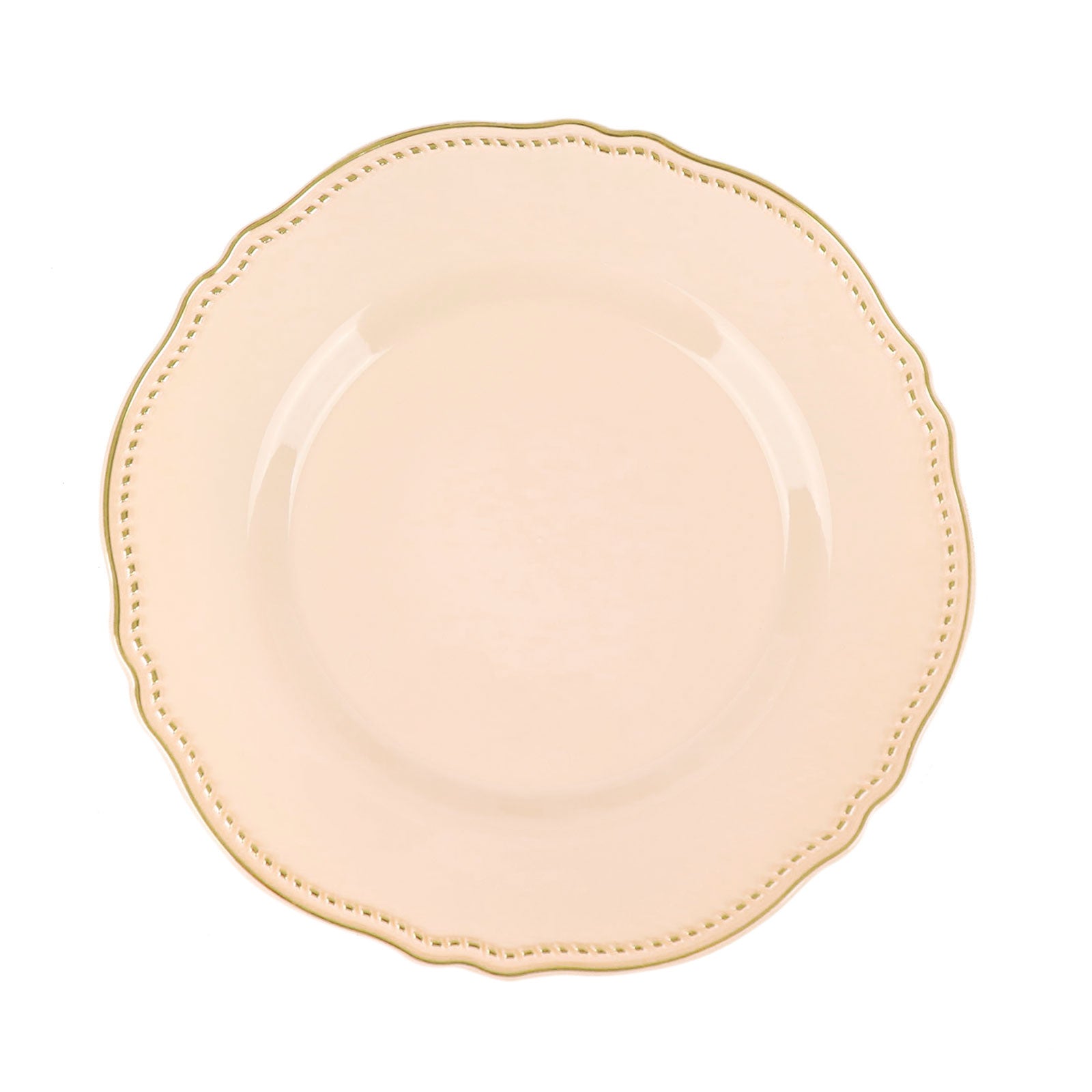 Elegant cream plate with gold trim and scalloped edge. Perfect for dining and decor.