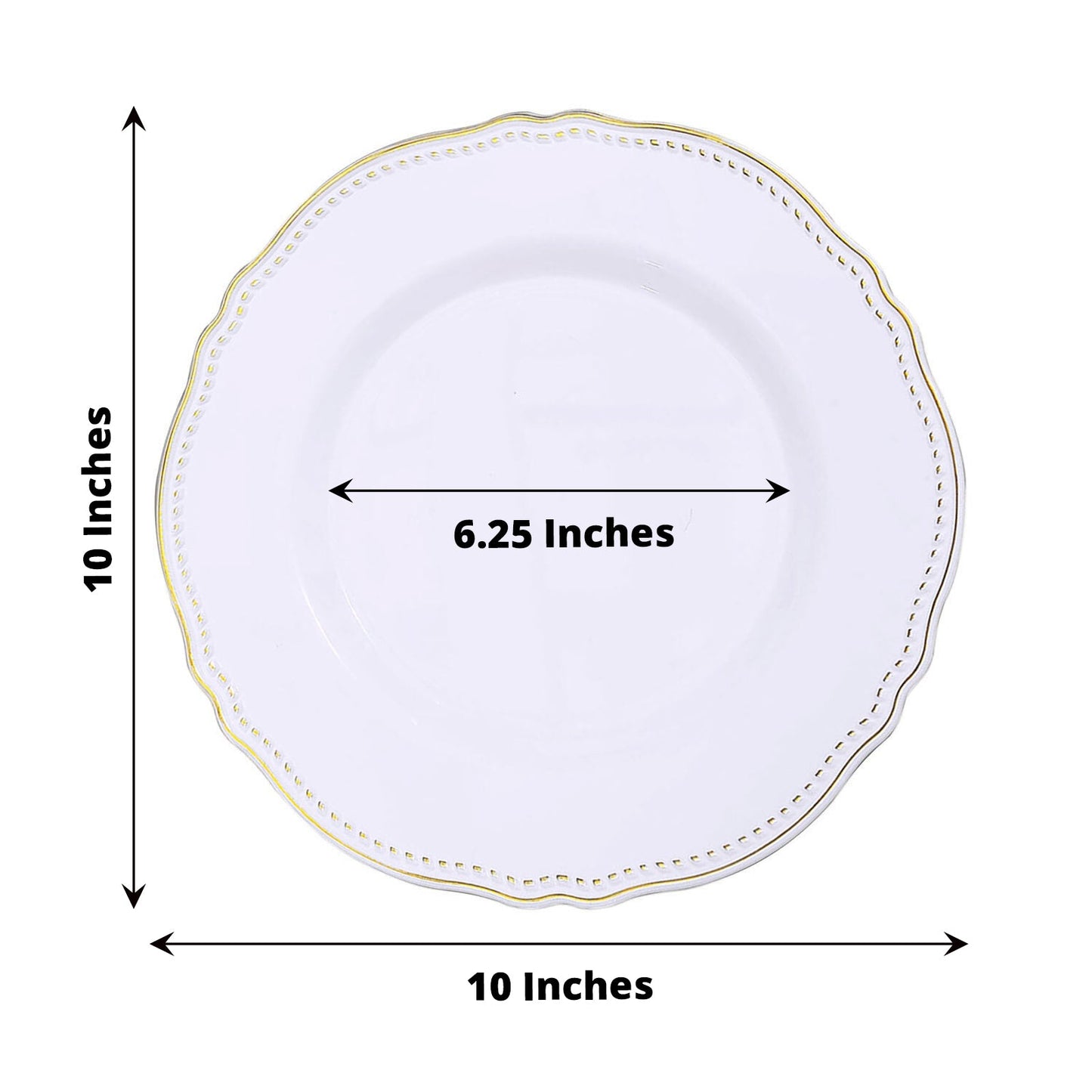 Elegant white plate with gold trim, 10 inches diameter, 6.25 inches inner circle.