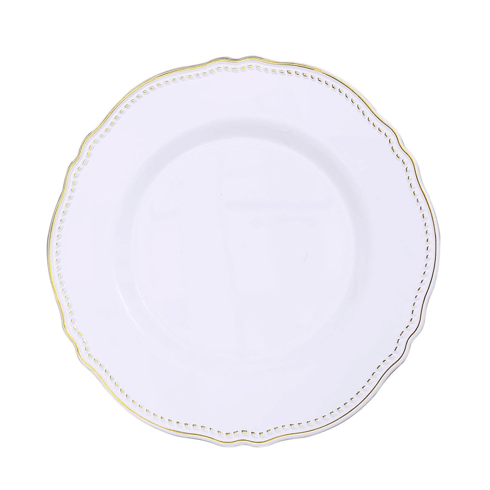 Elegant white plate with a gold scalloped edge design. Perfect for dining or decor.