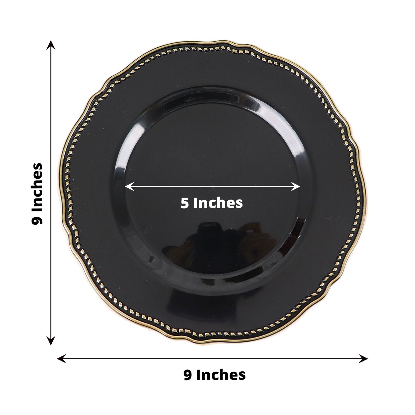 9" black scalloped rim plastic dinner plate with gold accents.