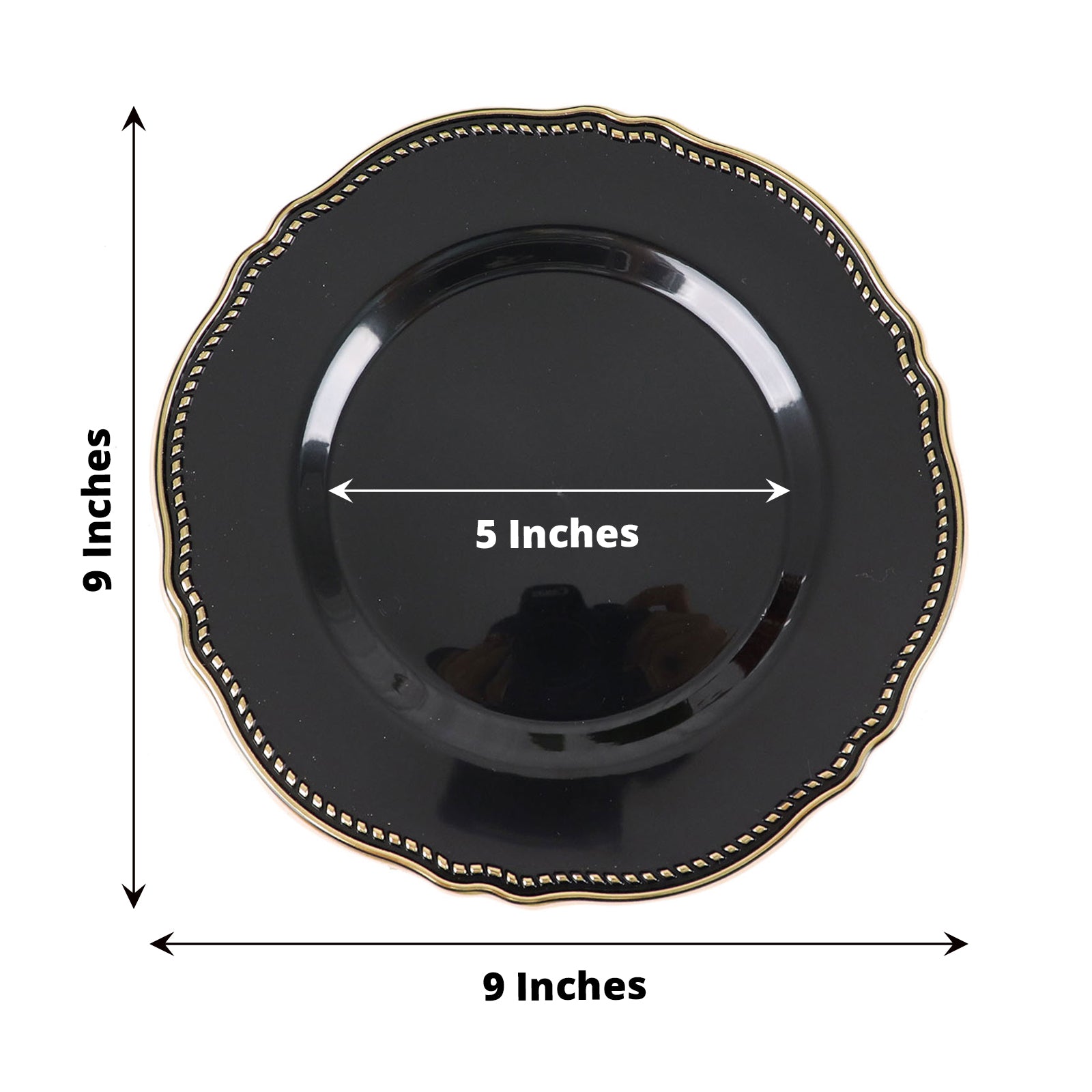 9" black scalloped rim plastic dinner plate with gold accents.