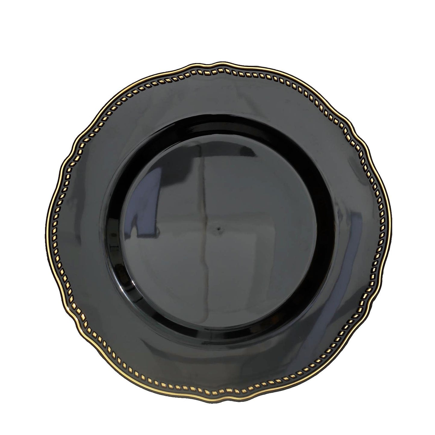 9" black scalloped rim plastic dinner plate with gold detailing.