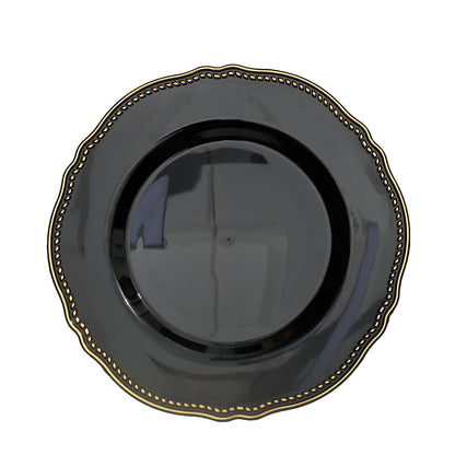 9" black scalloped rim plastic dinner plate with gold detailing.