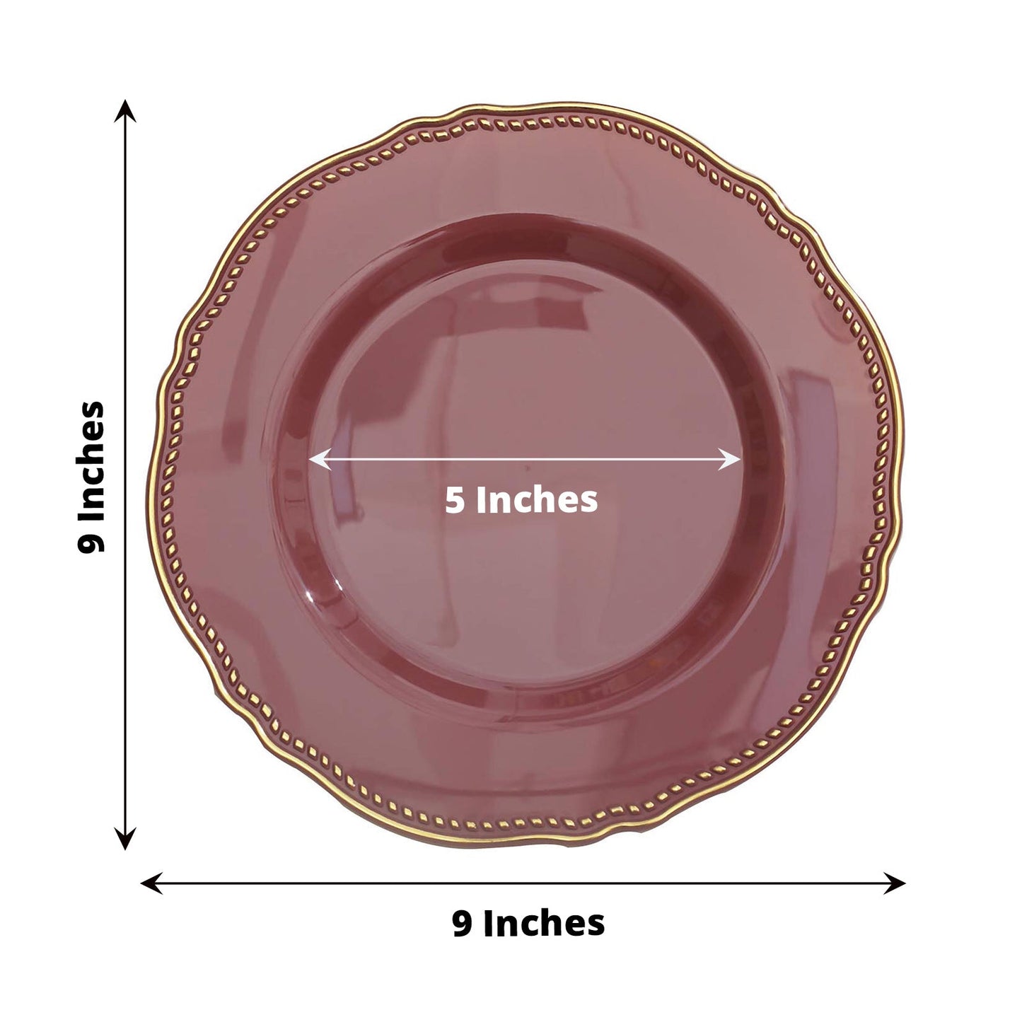 9-inch decorative plate with gold trim and 5-inch inner circle.