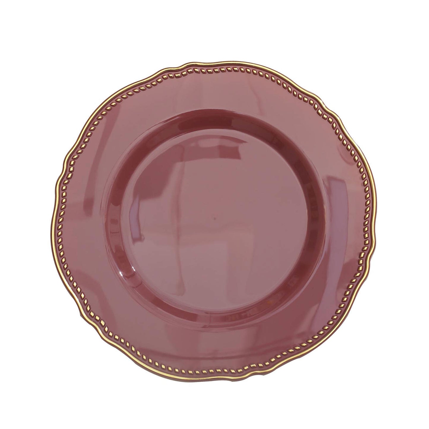 Elegant burgundy plate with gold scalloped rim, perfect for dining or decor.