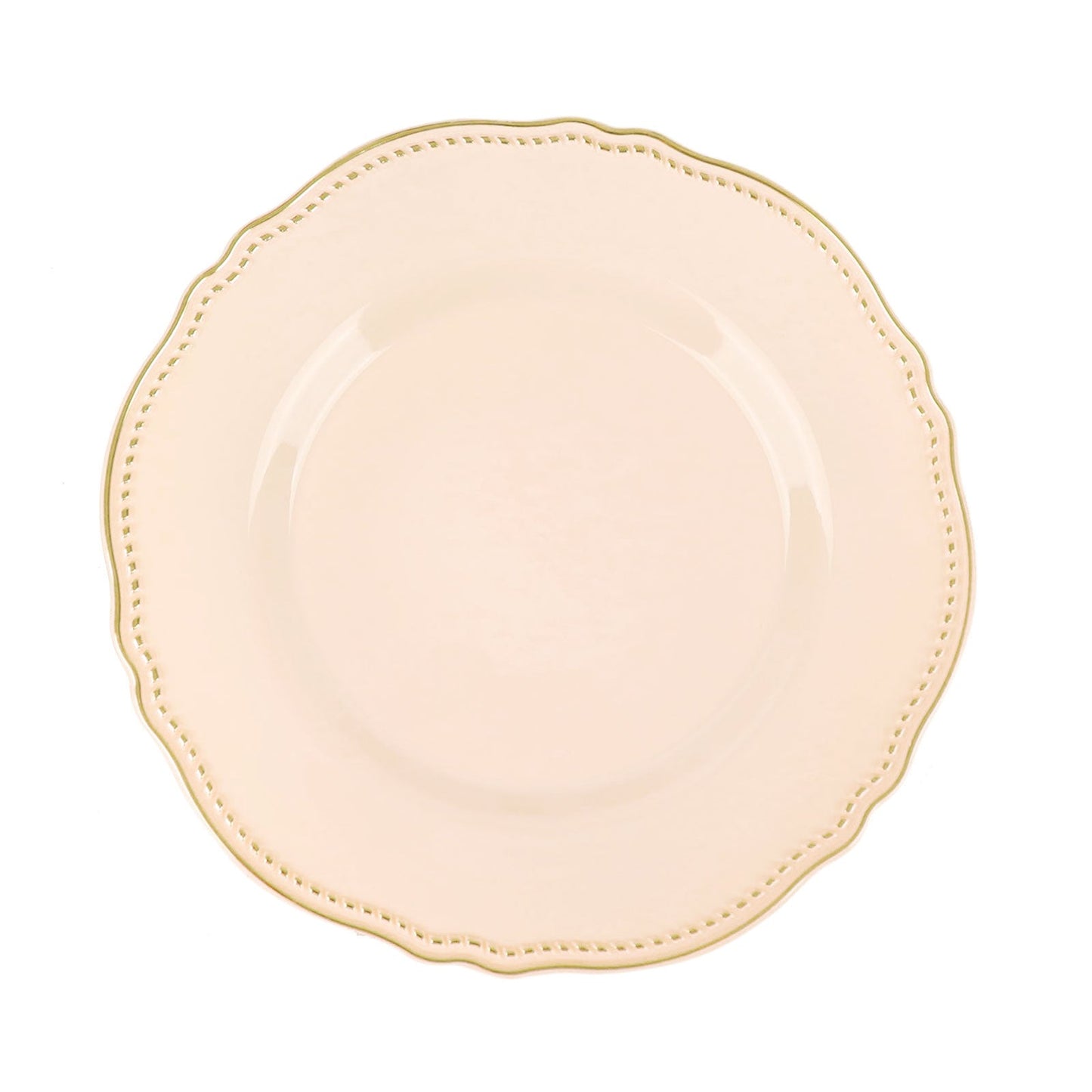 Elegant cream plate with a decorative gold edge and scalloped design. Perfect for dining.