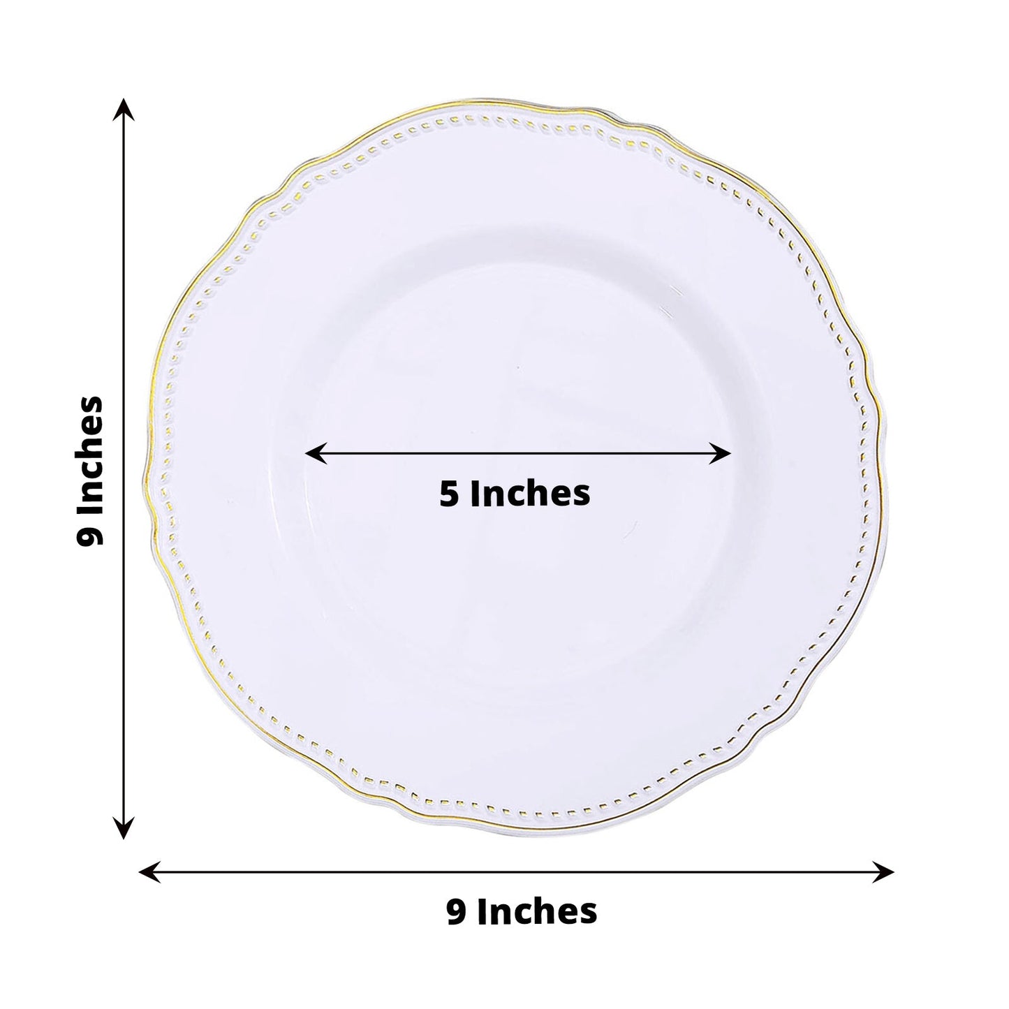 9-inch decorative white plate with gold trim and 5-inch center design.
