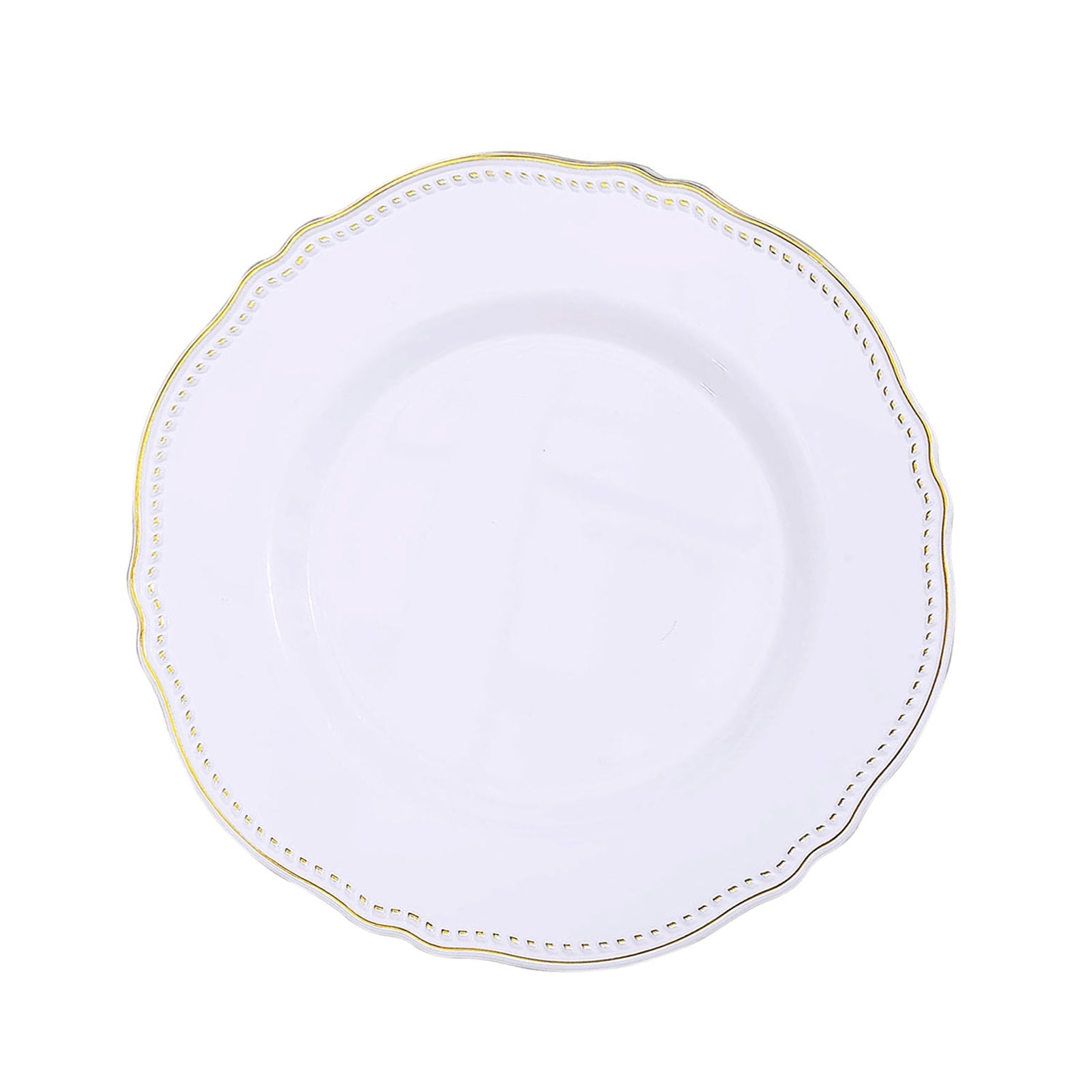 Elegant white plate with gold trim, perfect for dining and special occasions.