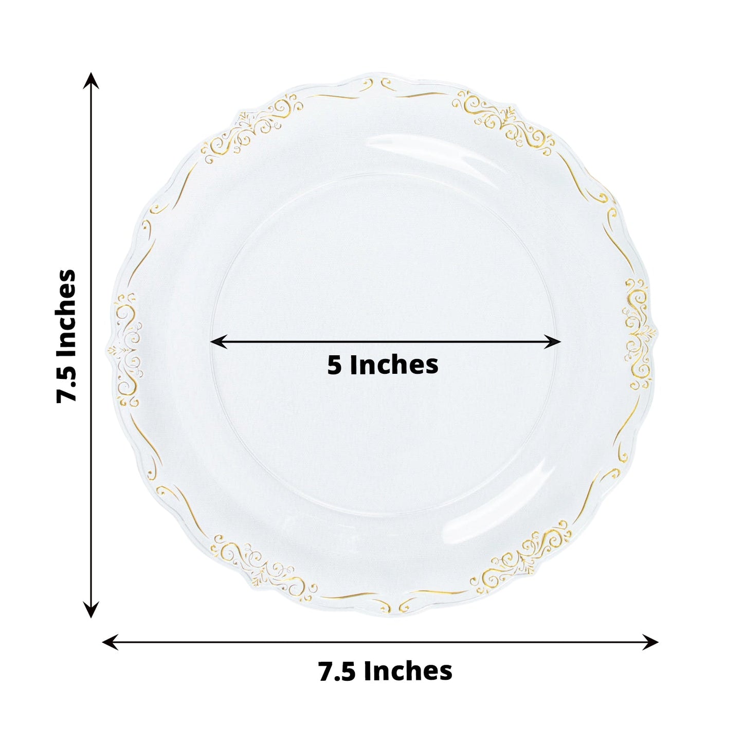 10 Pack | 7inch Gold Vintage Rim Clear Hard Plastic Dessert Plates Embossed Scalloped Edges