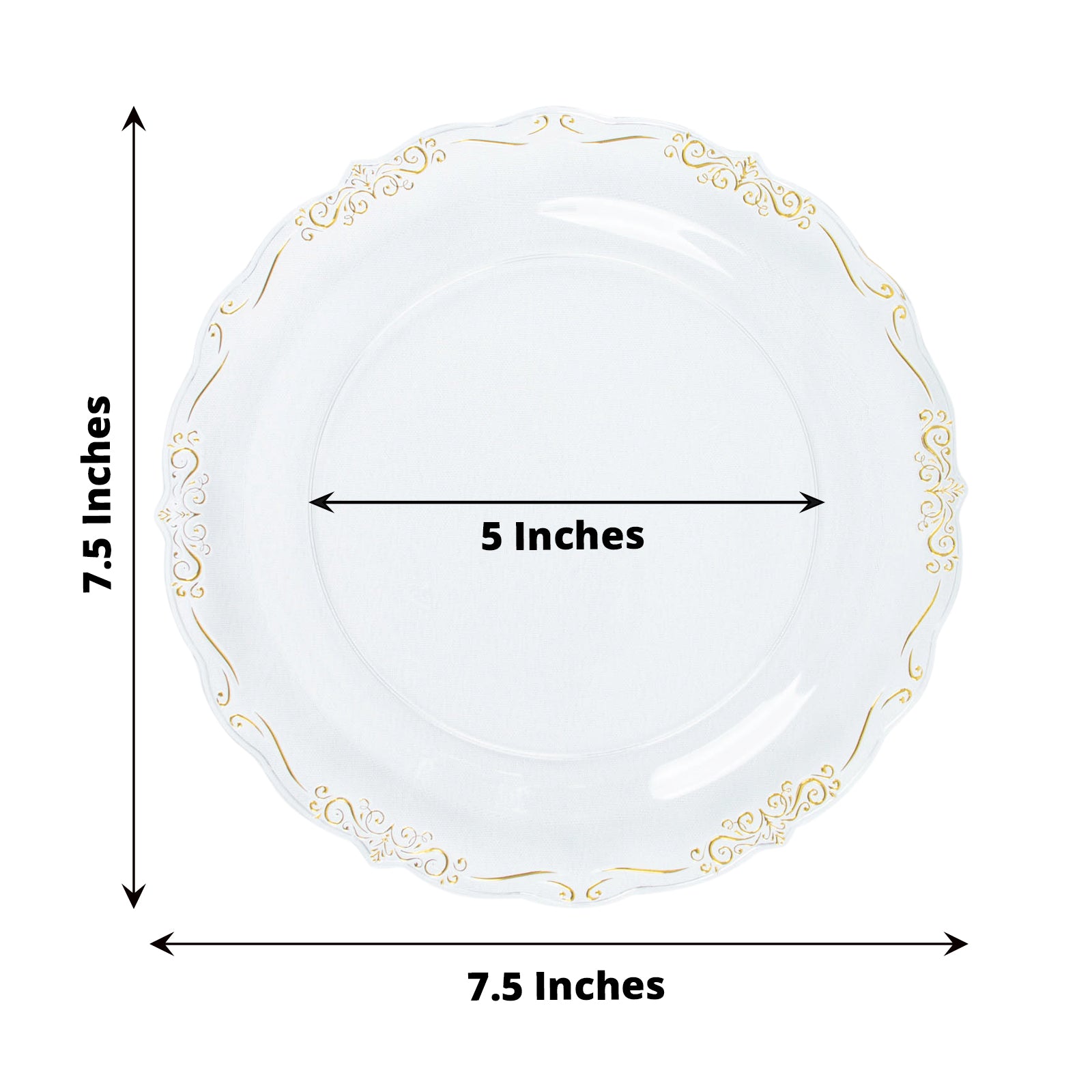 10 Pack | 7inch Gold Vintage Rim Clear Hard Plastic Dessert Plates Embossed Scalloped Edges