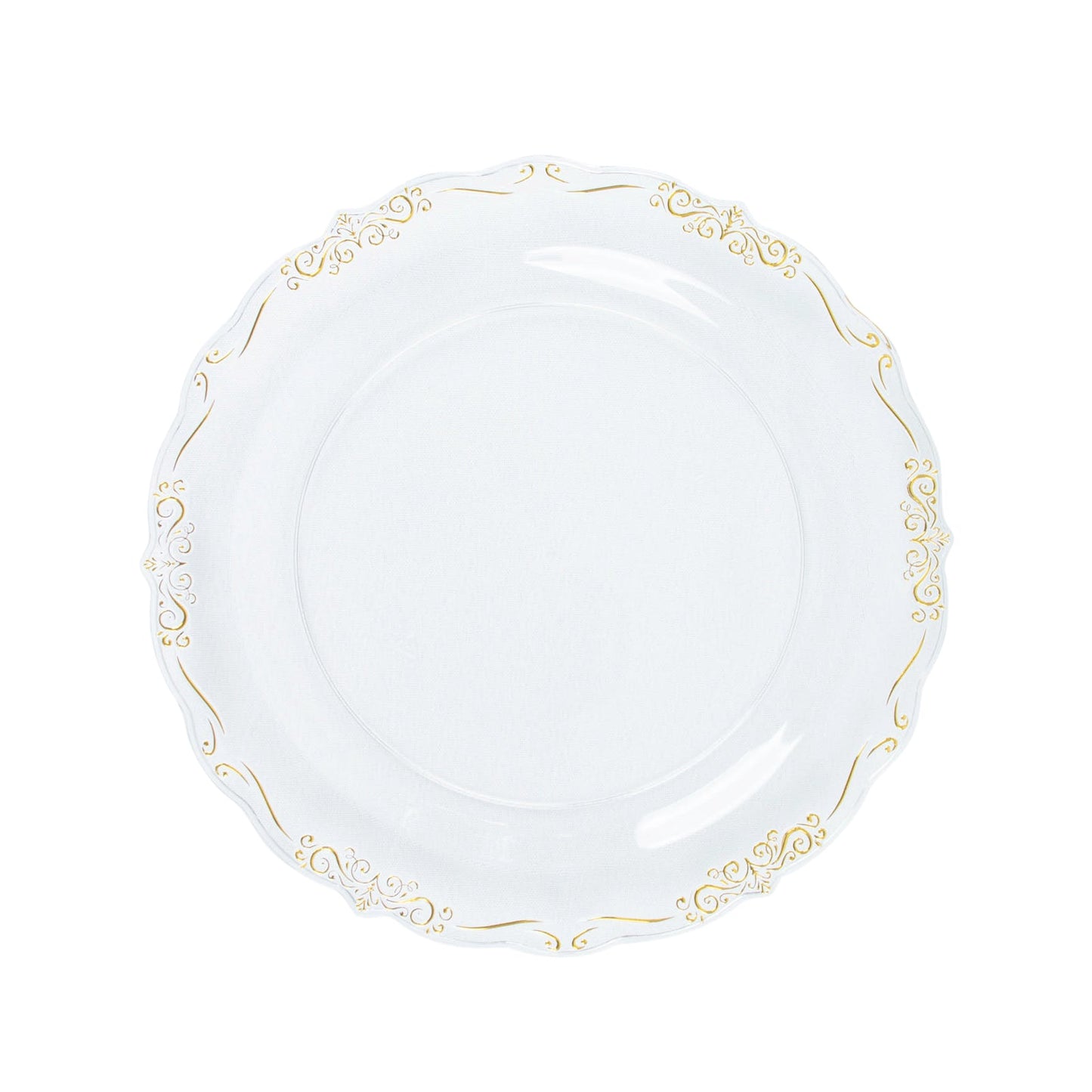 10 Pack | 7inch Gold Vintage Rim Clear Hard Plastic Dessert Plates Embossed Scalloped Edges#whtbkgd