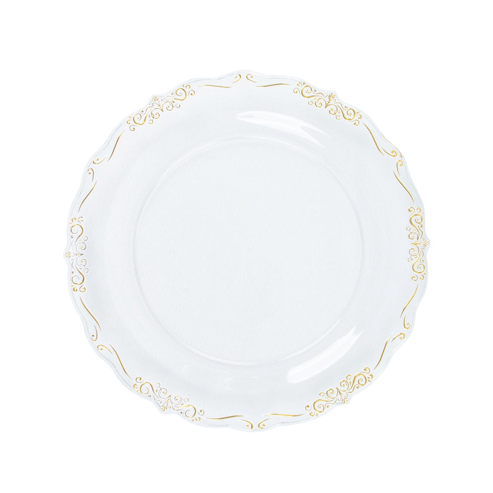 10 Pack | 7inch Gold Vintage Rim Clear Hard Plastic Dessert Plates Embossed Scalloped Edges#whtbkgd