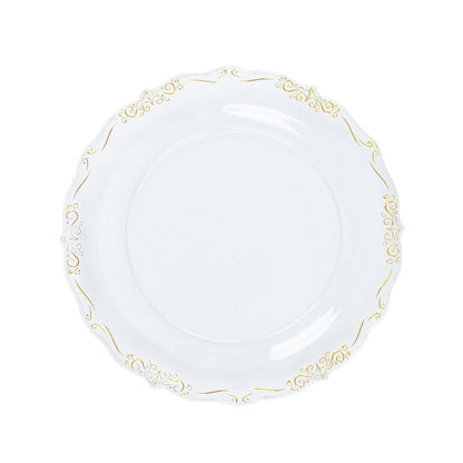 10 Pack | 7inch Gold Vintage Rim Clear Hard Plastic Dessert Plates Embossed Scalloped Edges#whtbkgd