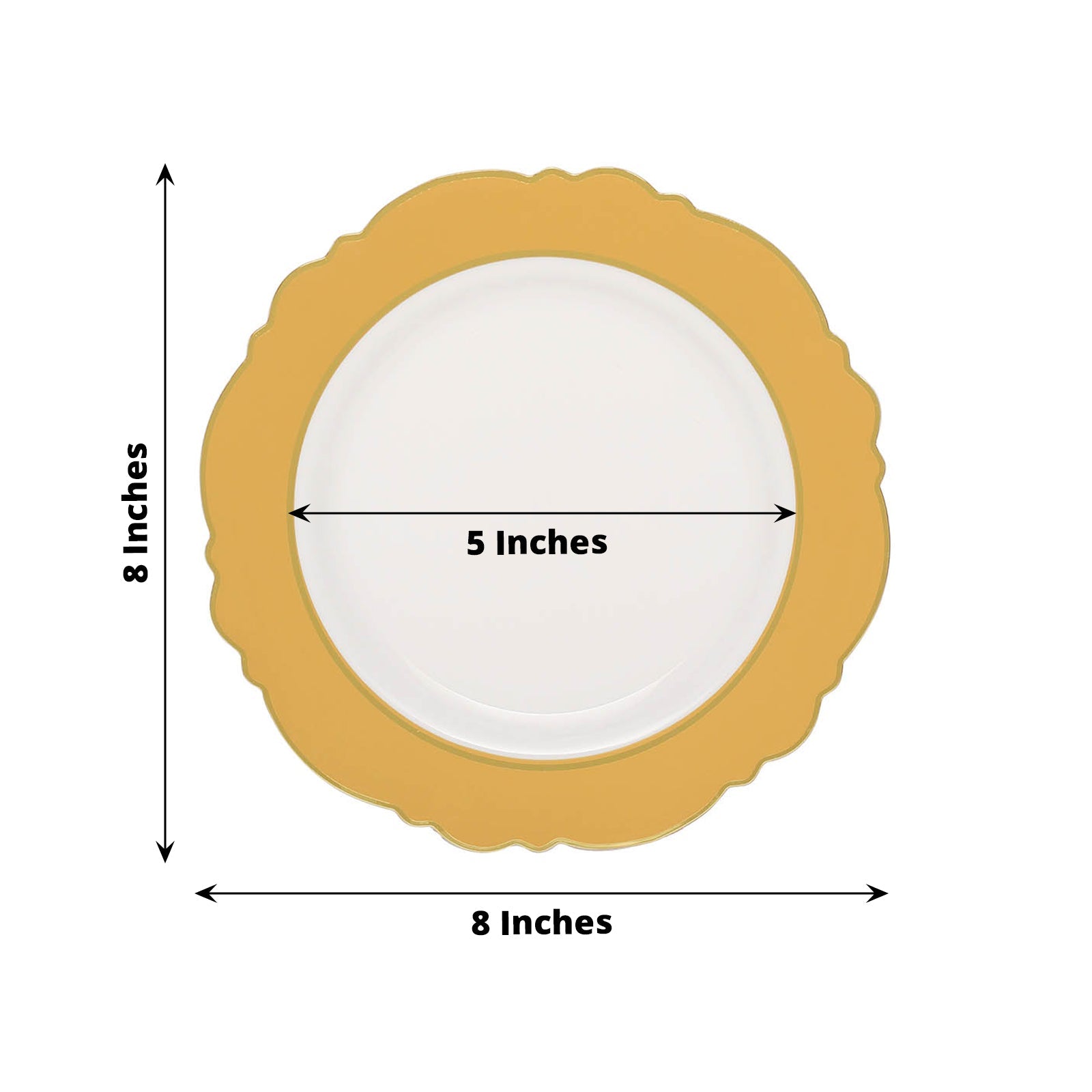 8" gold and white disposable salad plates with round blossom design.