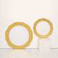 Gold and white disposable salad plates with round blossom design.