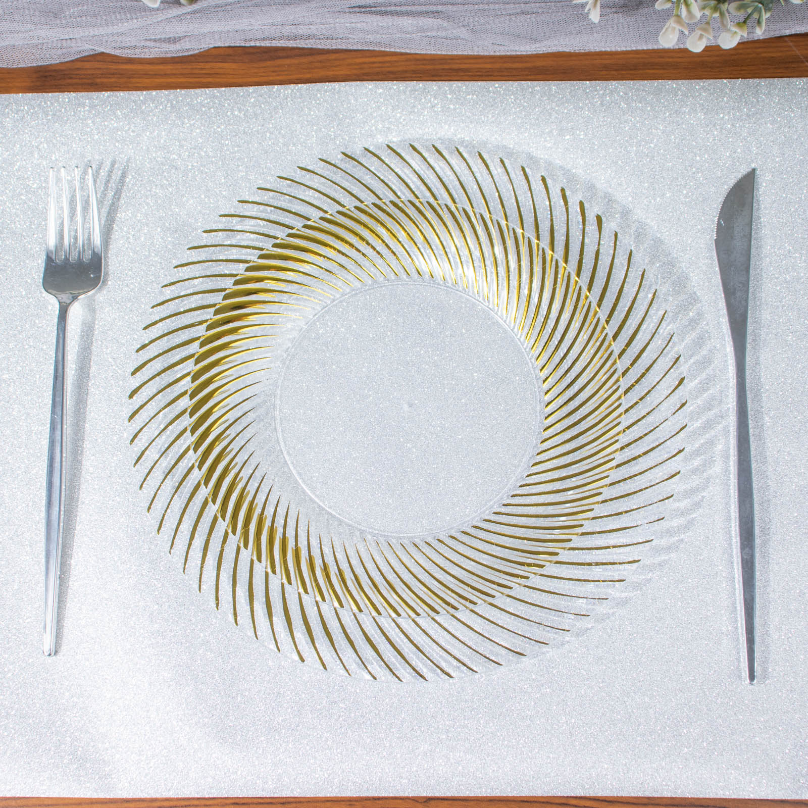 10 Pack | 7inch Clear / Gold Swirl Rim Plastic Dessert Appetizer Plates