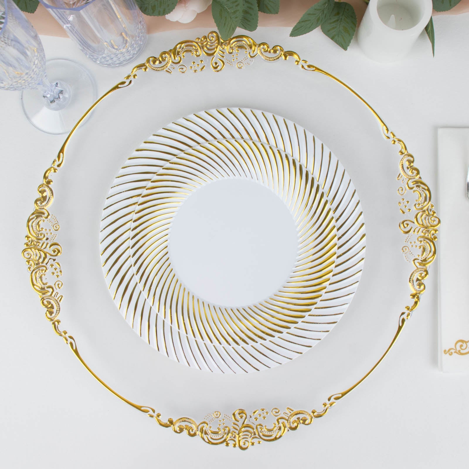 10 Pack | 7inch White / Gold Swirl Rim Plastic Dessert Appetizer Plates
