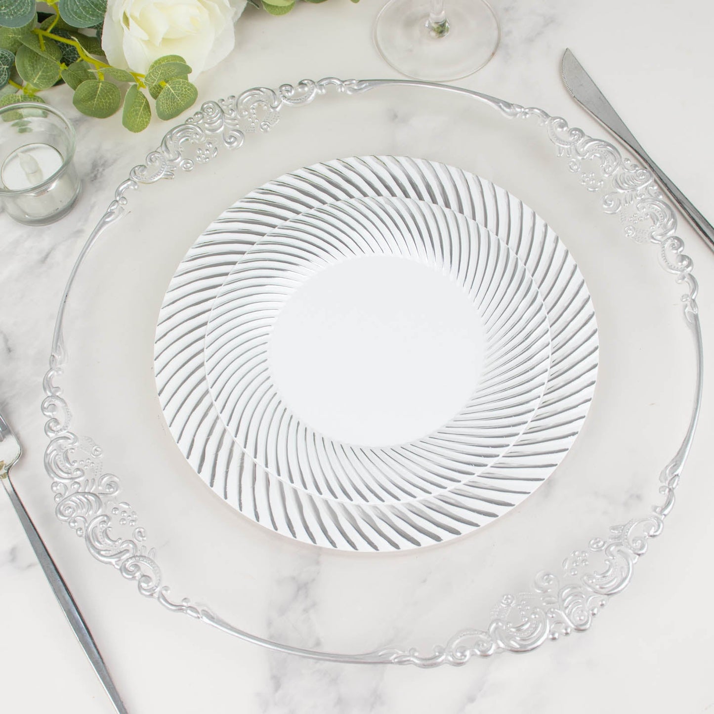 10 Pack | 7inch White / Silver Swirl Rim Plastic Dessert Appetizer Plates