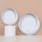 10 Pack | 7" White / Silver Swirl Rim Disposable Salad Plates, Round Plastic Dessert Appetizer Plates