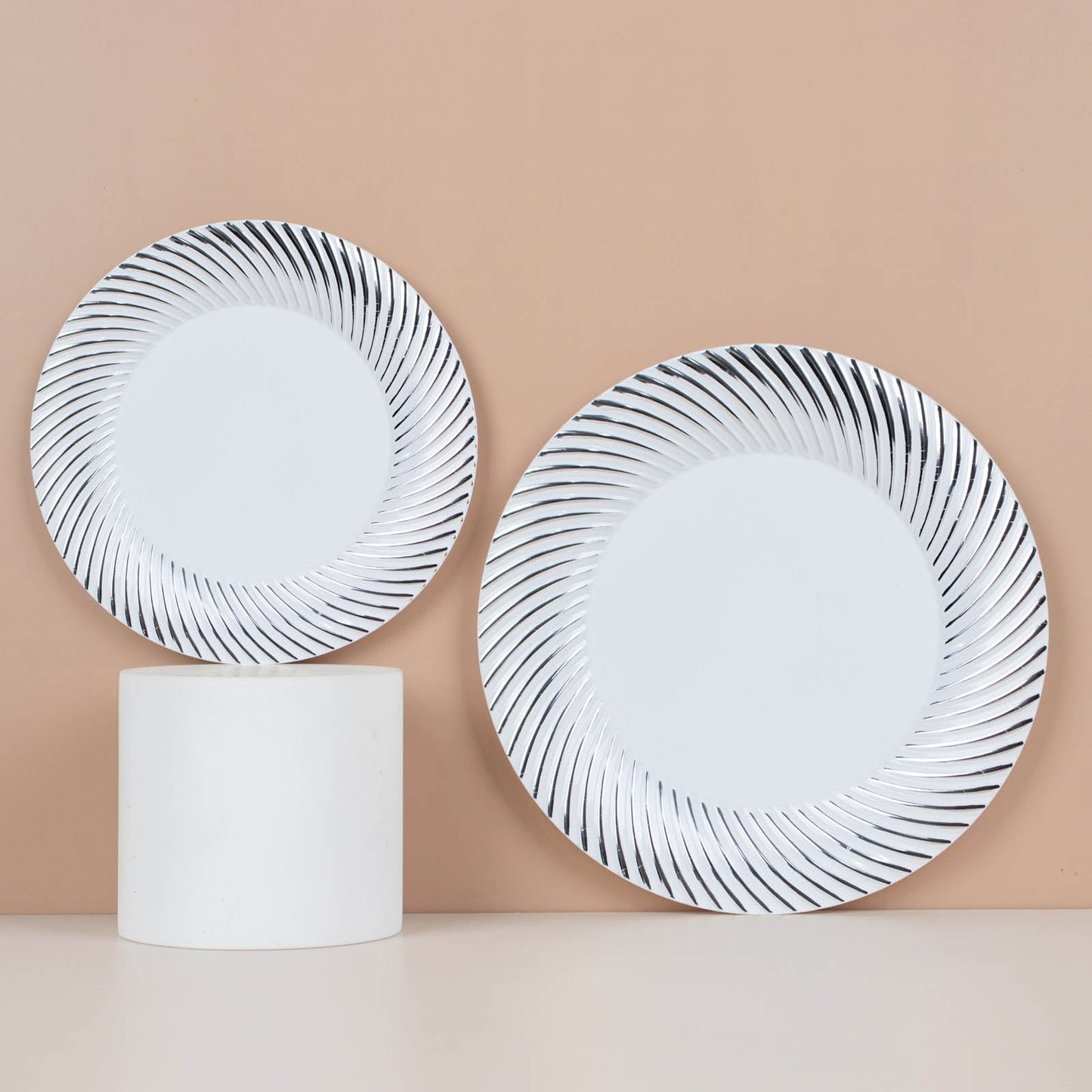 10 Pack | 7" White / Silver Swirl Rim Disposable Salad Plates, Round Plastic Dessert Appetizer Plates