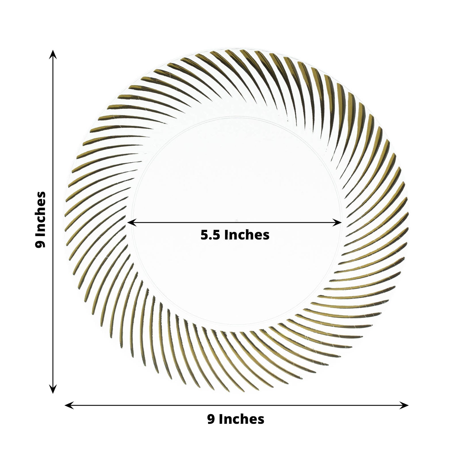 Clear plastic party plate with gold swirl rim, 9 inches round.