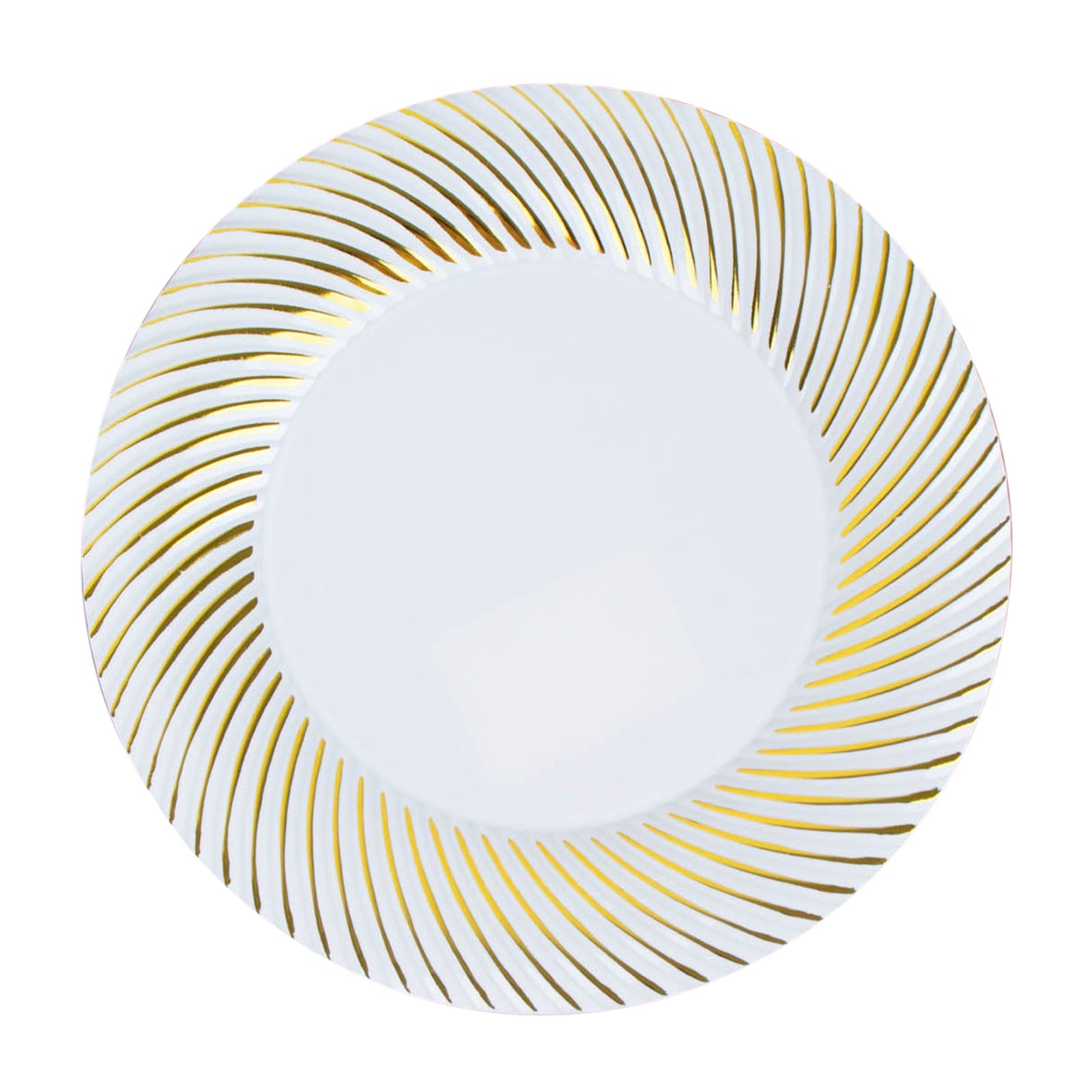 White plate with gold swirl rim, 9" round disposable dinner plate.