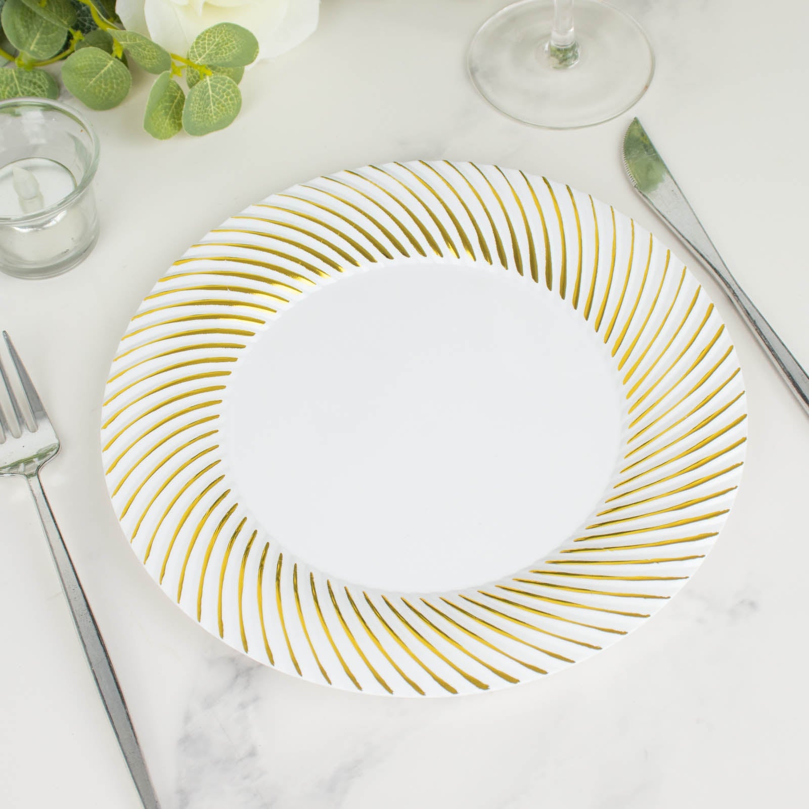 White plastic party plate with gold swirl rim, 9" round disposable dinner plate.