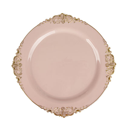 10 Inch Leaf Embossed Plastic Dinner Plates In Blush Rose Gold