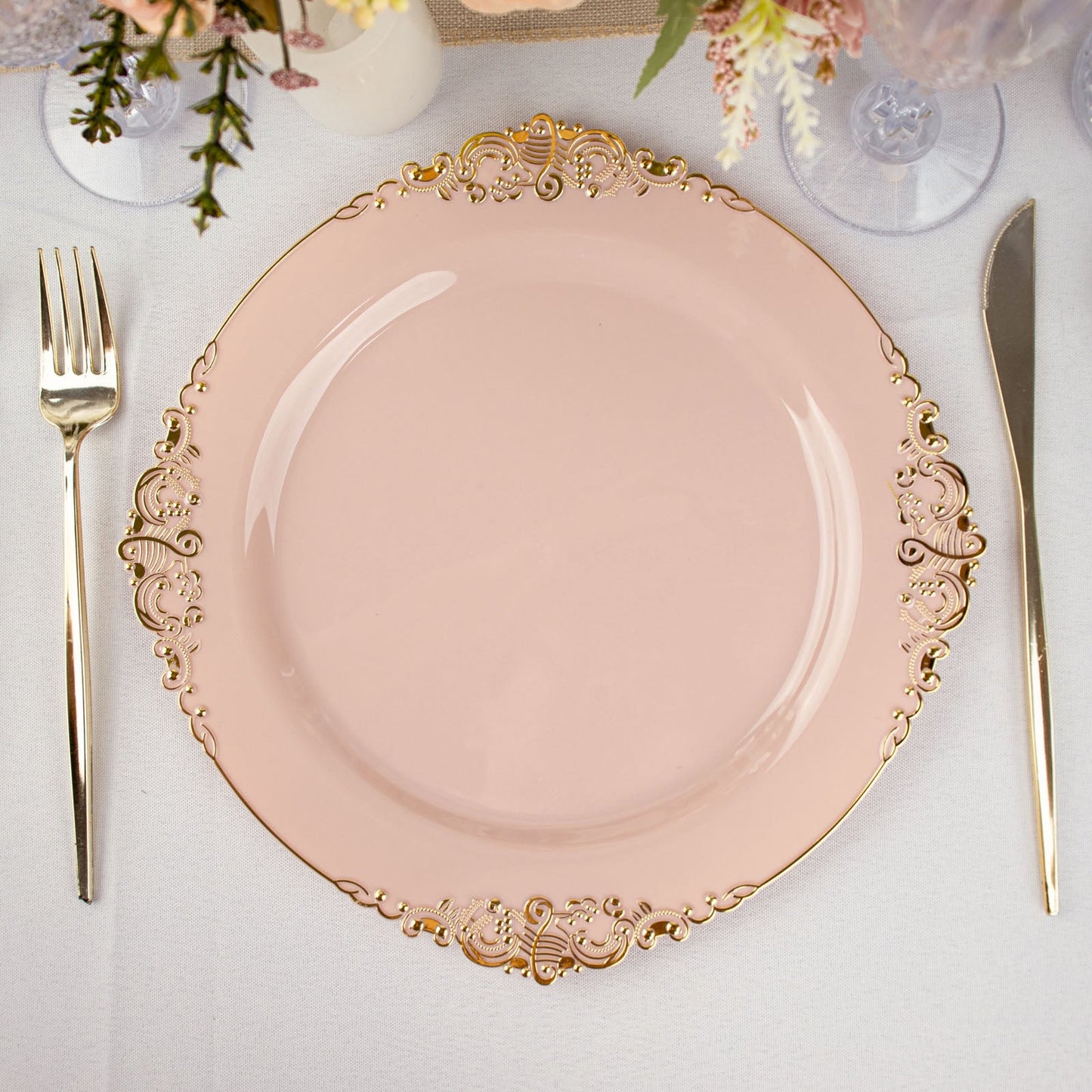 10 Pack 10" Blush Plastic Party Plates With Gold Leaf Embossed Baroque Rim, Round Disposable Dinner Plates