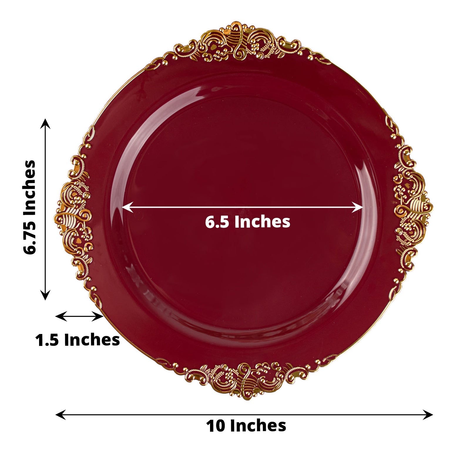 Vintage Burgundy Dinner Plastic Plates With Gold Leaf Embossed Rim In 10 Inch Size Wide