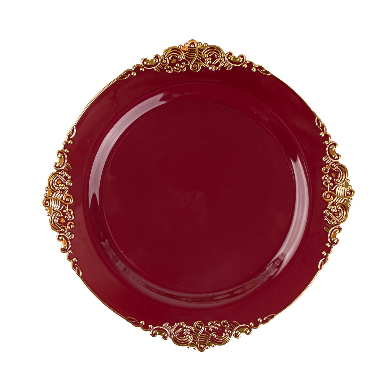 10 Inch Size Vintage Burgundy Color Gold Leaf Embossed Rim Round Plates