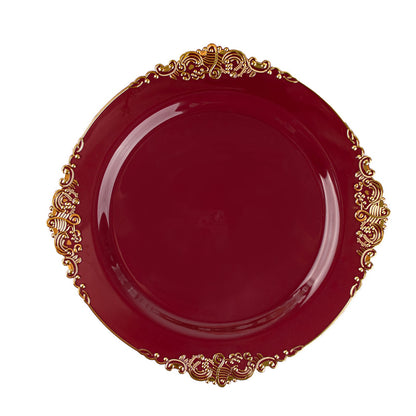 10 Inch Size Vintage Burgundy Color Gold Leaf Embossed Rim Round Plates