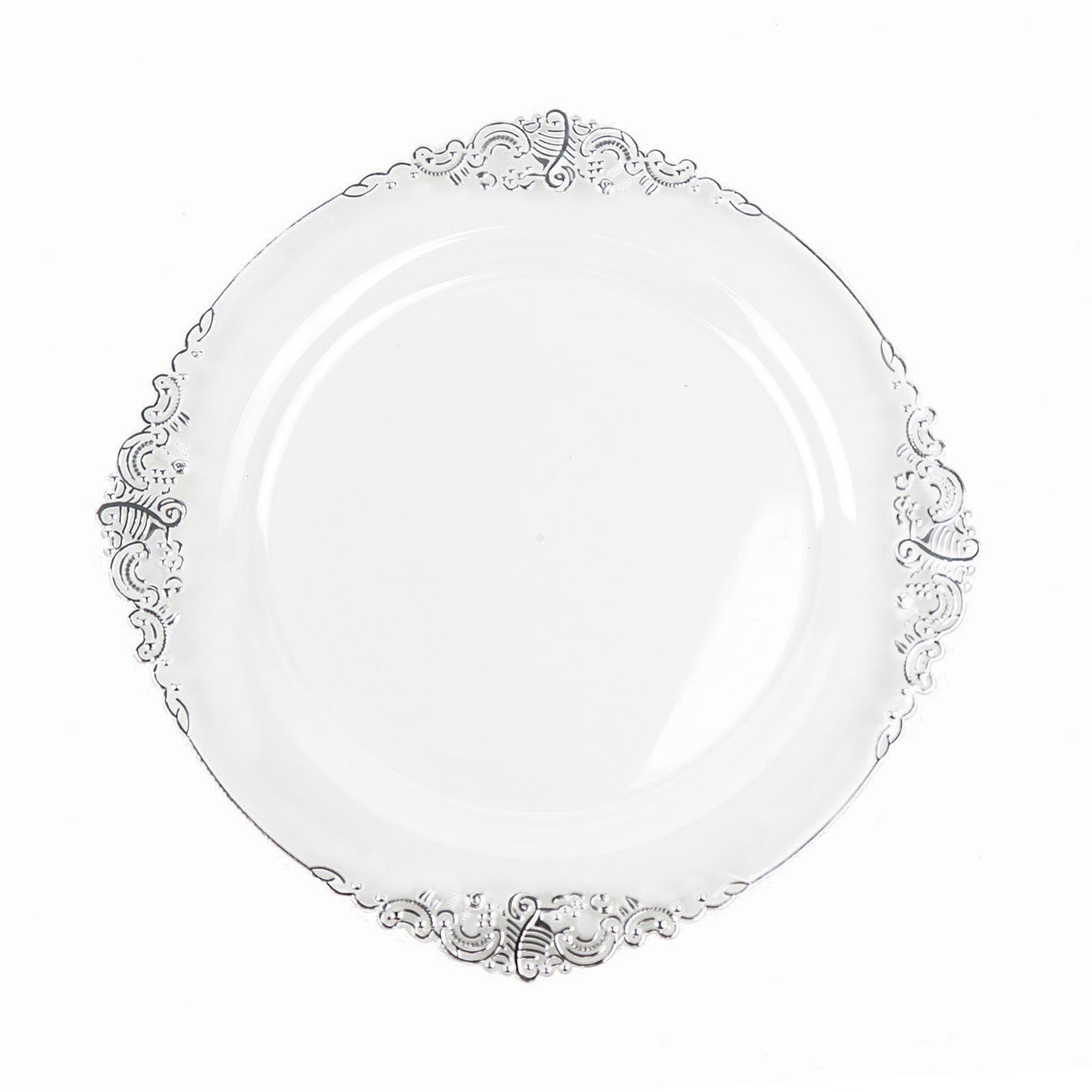10 Pack Round Plastic Plates Baroque Style Vintage Clear and Silver Embossed Leaf Design 10 Inch