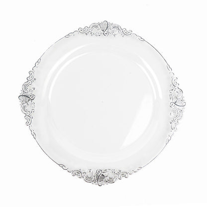 10 Pack Round Plastic Plates Baroque Style Vintage Clear and Silver Embossed Leaf Design 10 Inch