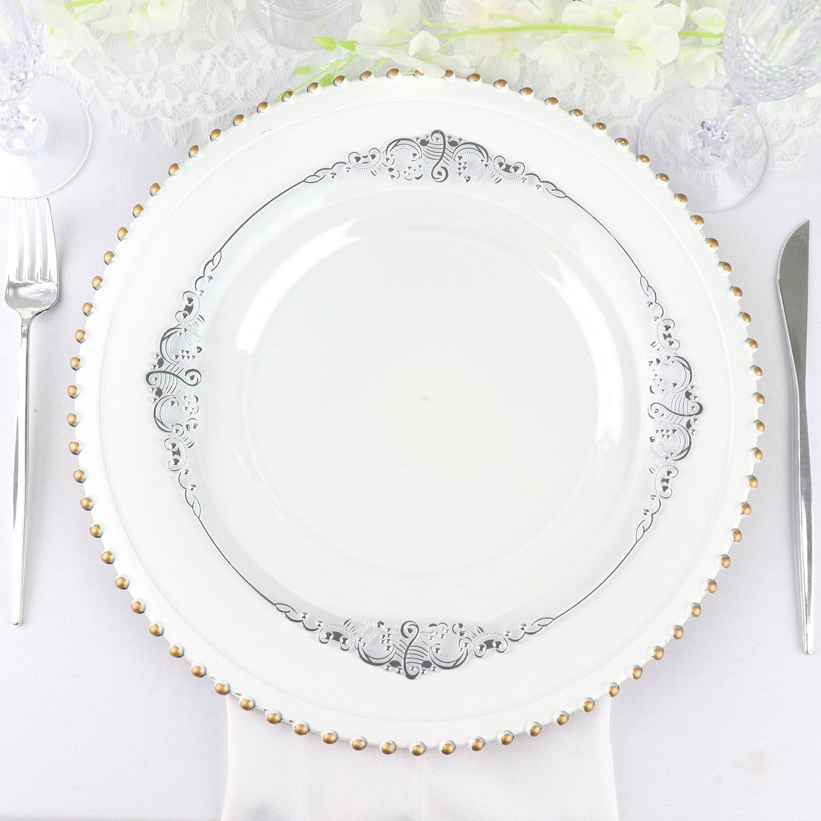 10 Inch Disposable Vintage Clear and Silver Leaf Embossed Baroque Style Round Plastic Plates 10 Pack