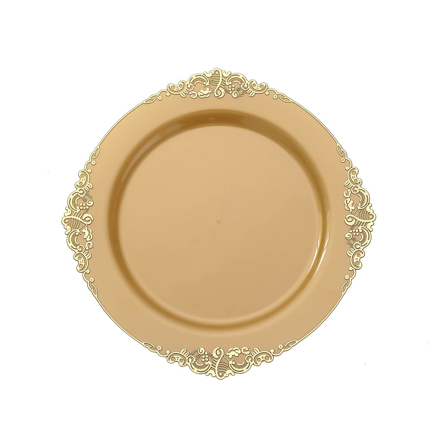 10 Pack | 10inch Round Plastic Dinner Plates in Vintage Gold Leaf Embossed Baroque Disposable Plates