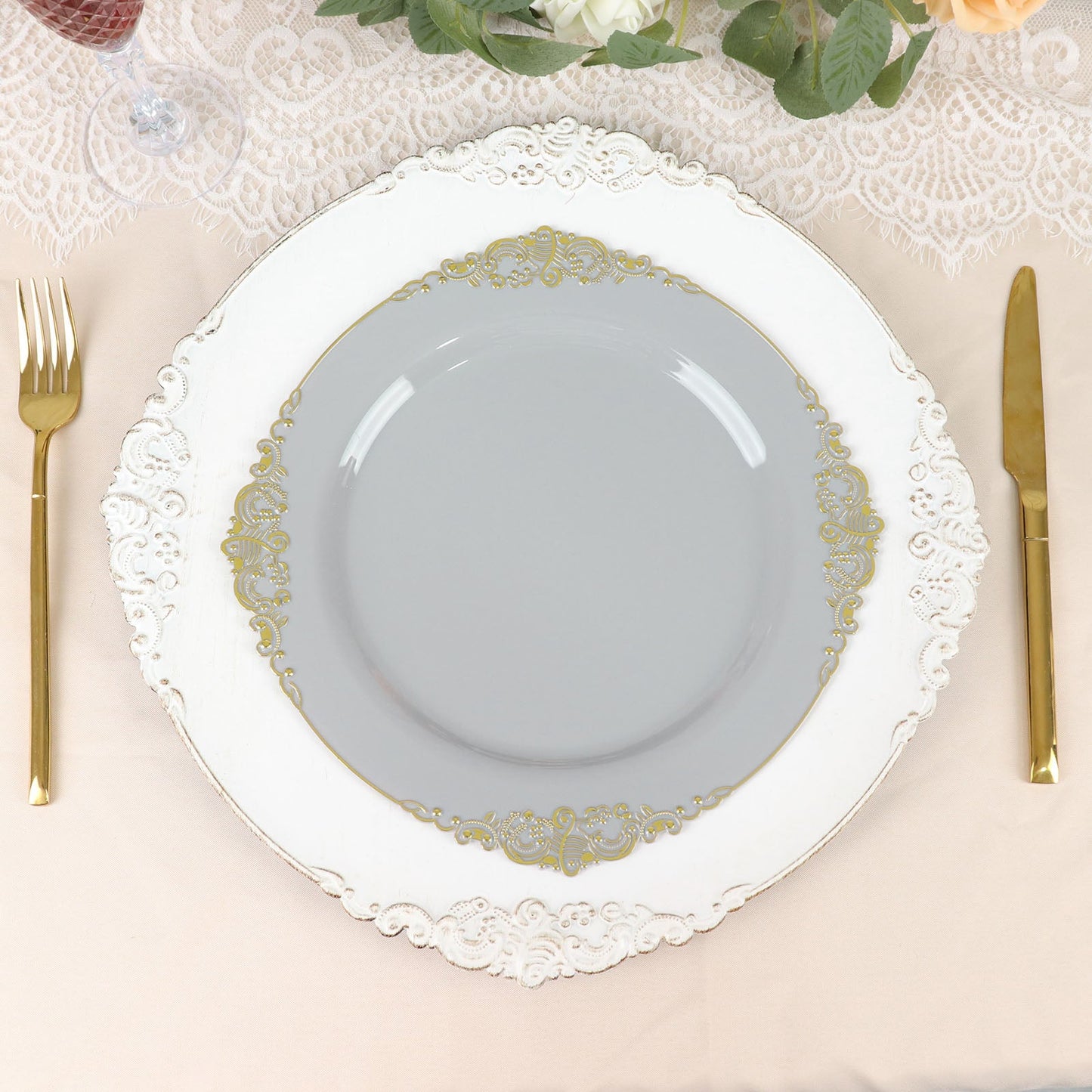 Pack of 10 Gold Leaf Embossed Baroque Design 10 Inch Vintage Gray Round Plastic Plates 