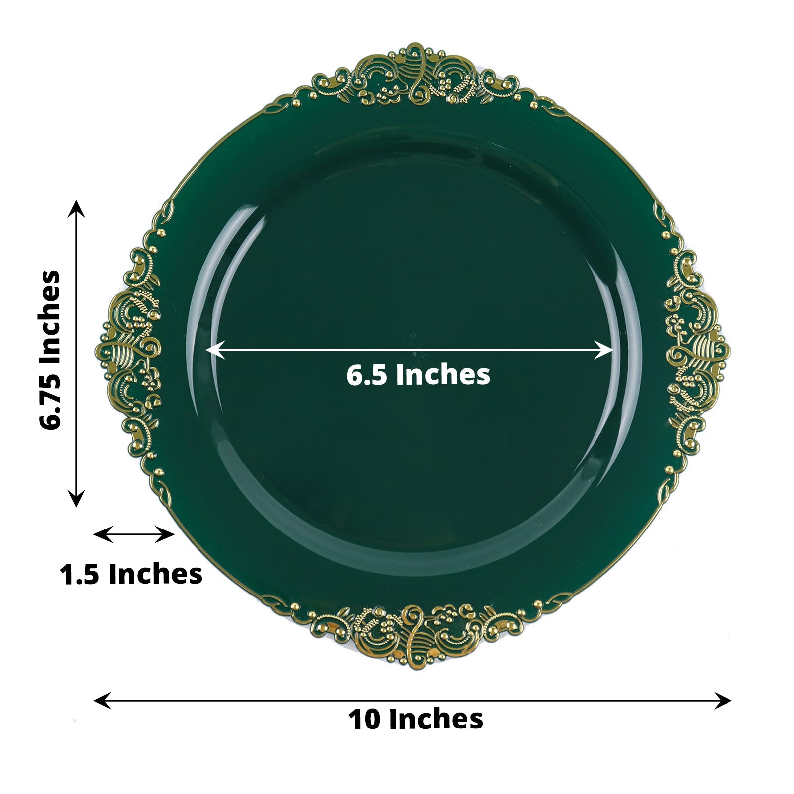 10 Pack Hunter Emerald Green 10 Inch Round Plastic Plates with Gold Leaf Embossed Baroque Design 