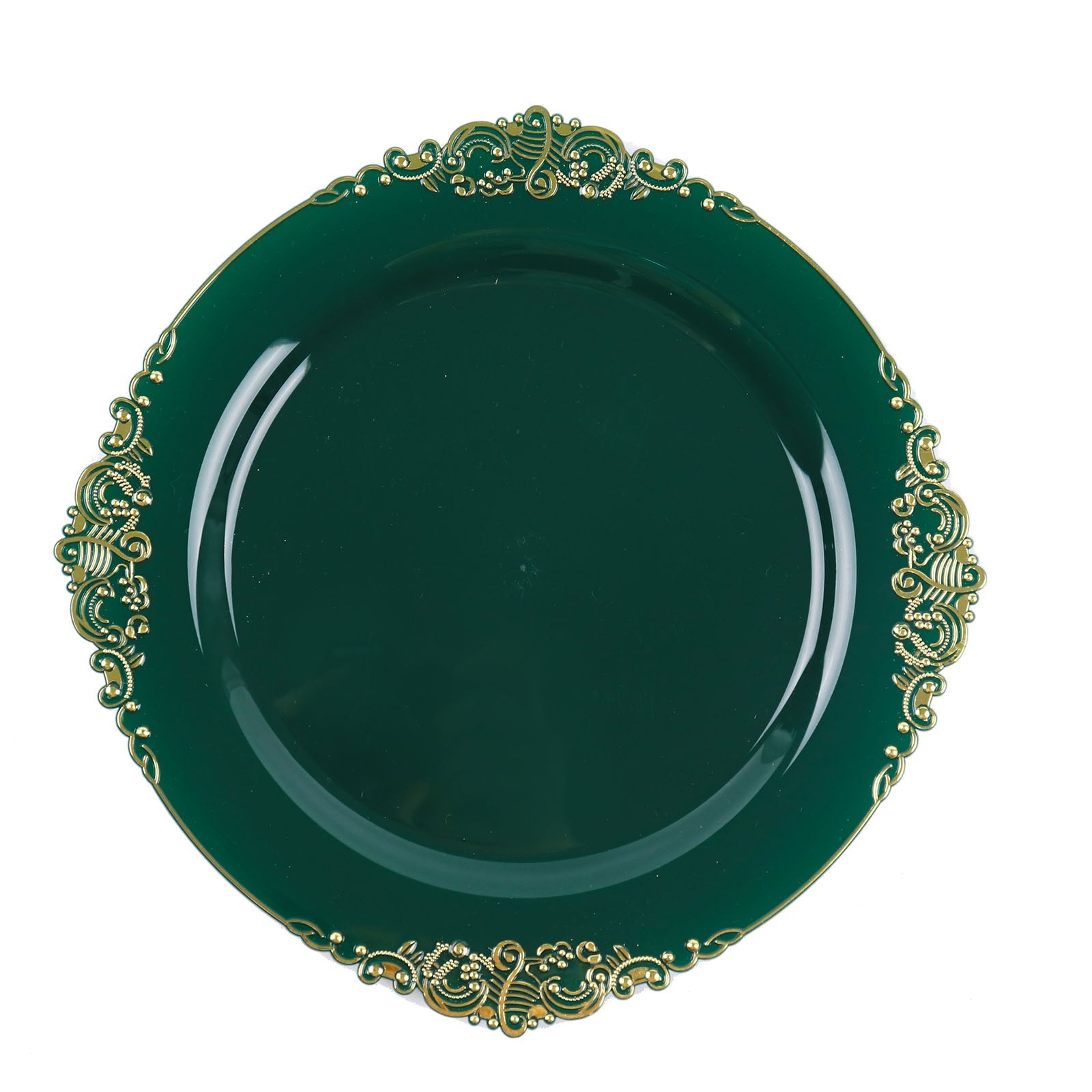 10 Pack Round Hunter Emerald Green Plastic Plates with Gold Leaf Embossed Baroque Design 10 Inch