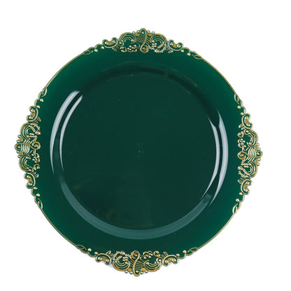 10 Pack Round Hunter Emerald Green Plastic Plates with Gold Leaf Embossed Baroque Design 10 Inch