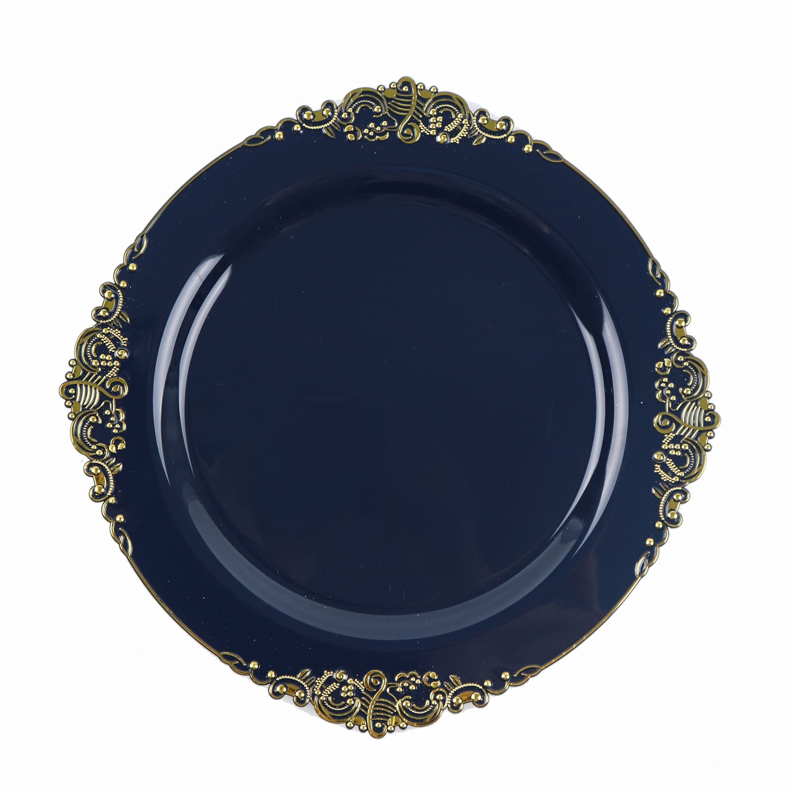 10 Pack Round Navy Blue Plastic Plates with Gold Leaf Embossed Baroque Design 10 Inch