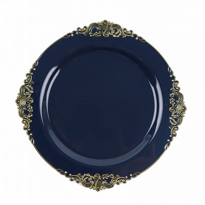 10 Pack Round Navy Blue Plastic Plates with Gold Leaf Embossed Baroque Design 10 Inch
