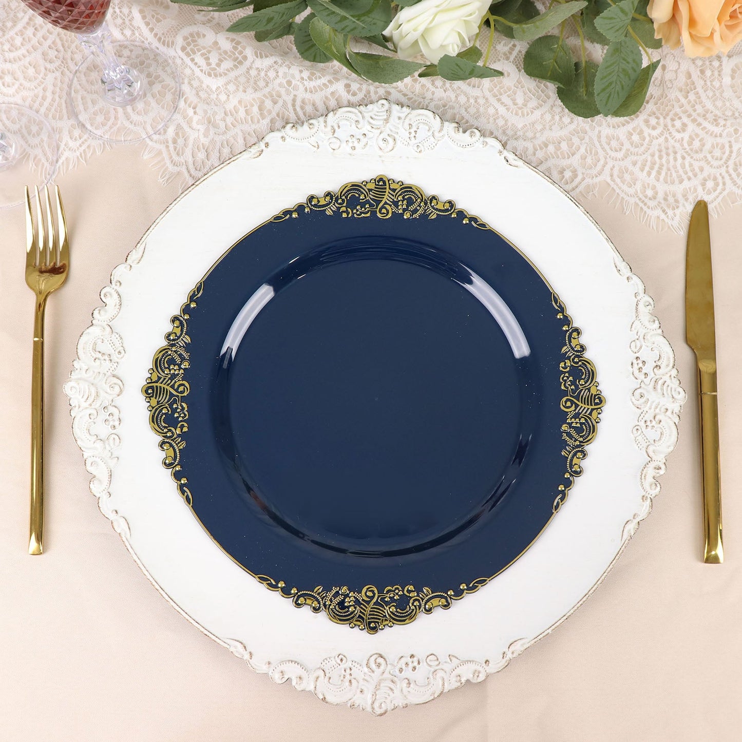 10 Pack 10" Navy Blue Plastic Party Plates With Gold Leaf Embossed Baroque Rim, Round Disposable Dinner Plates