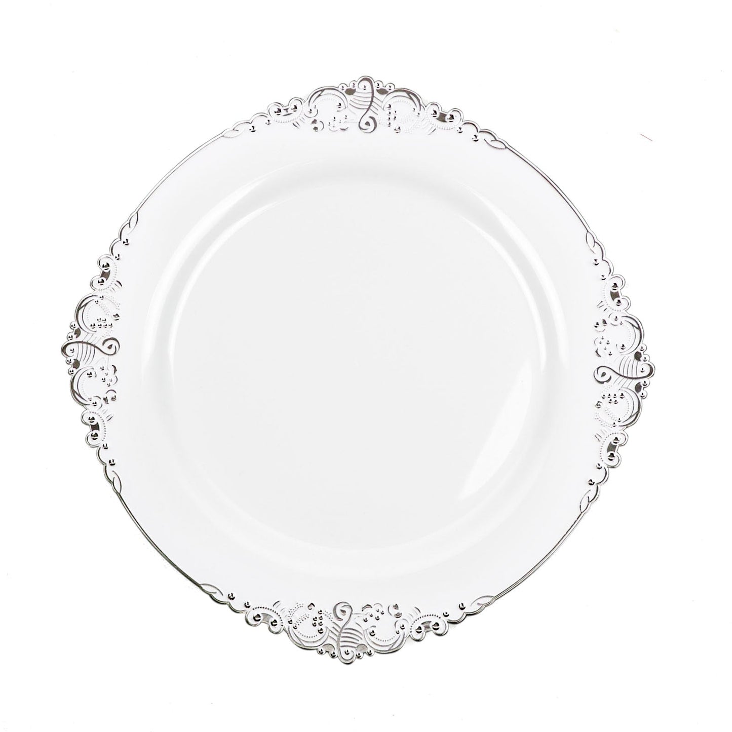 10 Pack Round Plastic Plates Baroque Style Vintage White and Silver Embossed Leaf Design 10 Inch