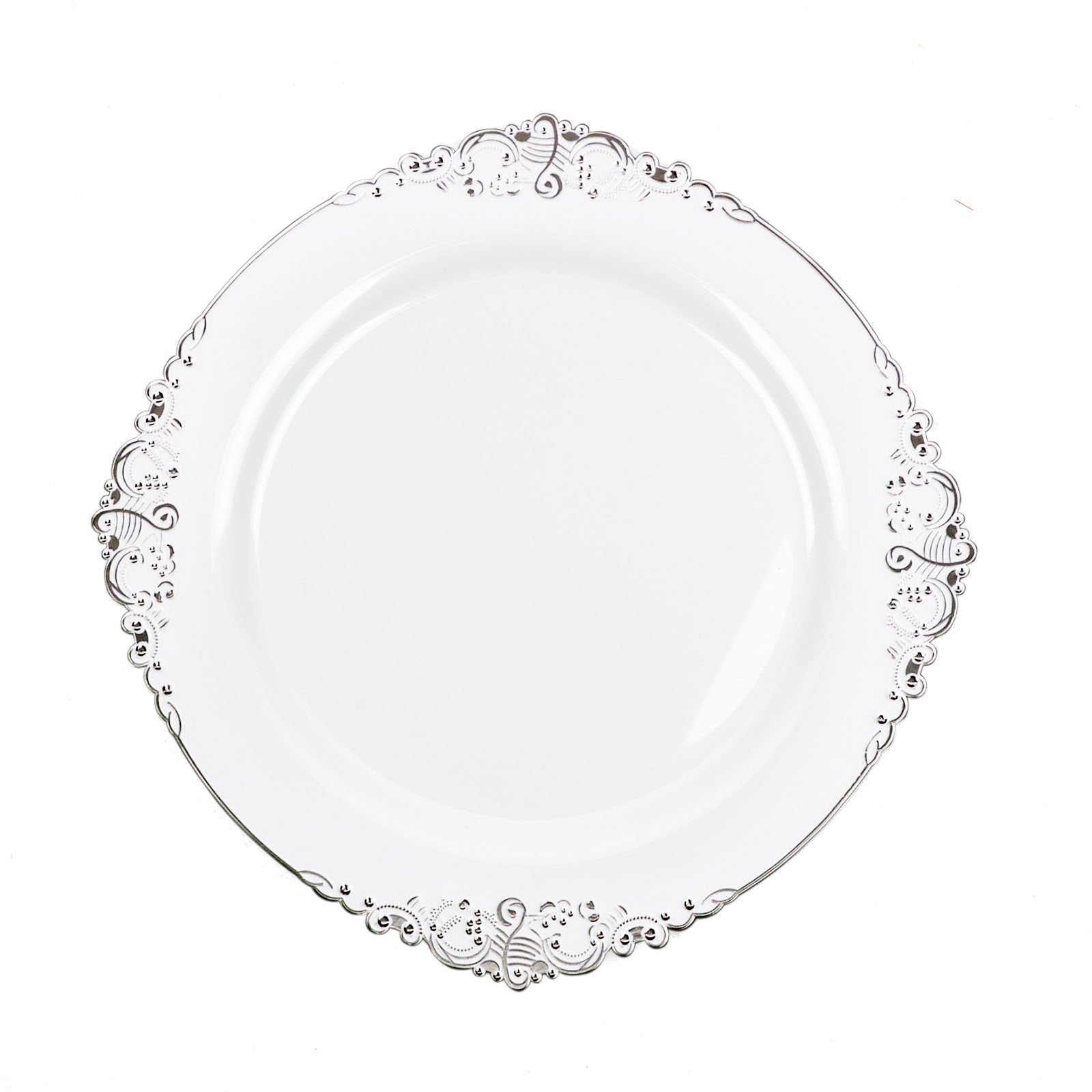 10 Pack Round Plastic Plates Baroque Style Vintage White and Silver Embossed Leaf Design 10 Inch