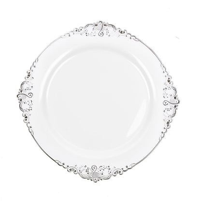 10 Pack Round Plastic Plates Baroque Style Vintage White and Silver Embossed Leaf Design 10 Inch