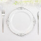 10 Pack 10" White Plastic Party Plates With Silver Leaf Embossed Baroque Rim, Round Disposable Dinner Plates